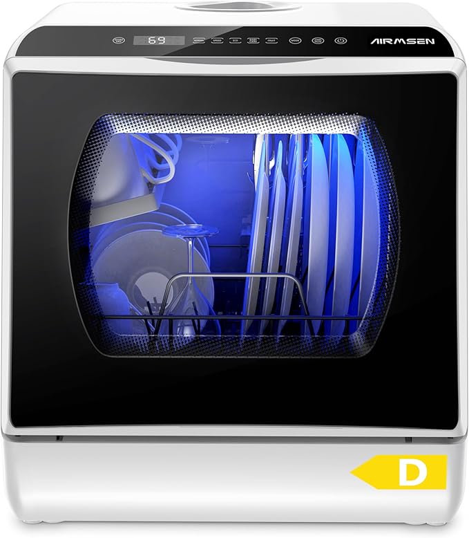 AIRMSEN Mini Lave-Vaisselle, Compact Lave-Vaisselle Avec Réservoir D'Eau, 6 Programmes : Rapide, Normal, ECO, Soins aux Bébés, Fruits ; Convient aux Appartements, Maisons et Camping-Cars