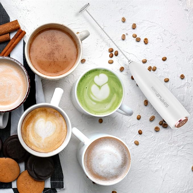 SIMPLETASTE Ręczny spieniacz do mleka, zasilany bateriami, mikser do napojów z trzepaczką ze stali nierdzewnej i stojakiem na cappuccino, kuloodporną kawę, latte - Image 3