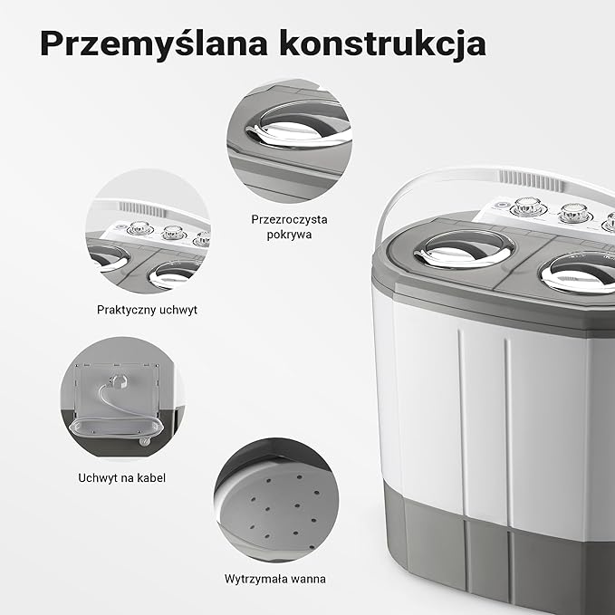 Wiltec Pralka turystyczna wirnikowa 60 x 36 x 60 cm, mini pralka przenośna do 3 kg prania, pralko-wirówka z dwoma bębnami - Image 6