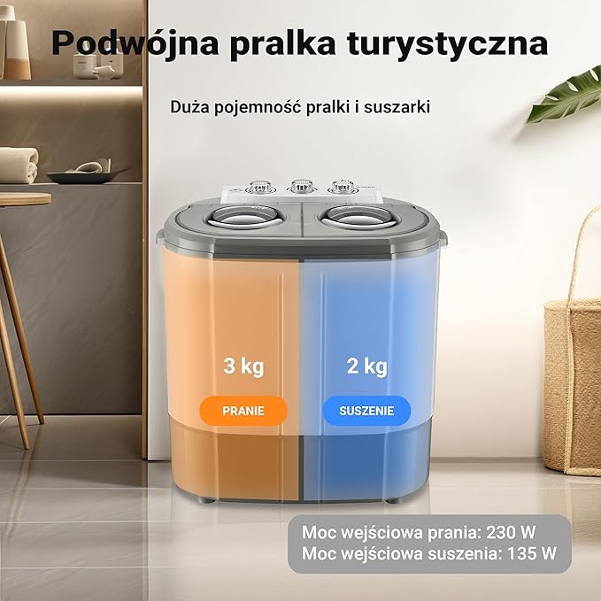 Wiltec Pralka turystyczna wirnikowa 60 x 36 x 60 cm, mini pralka przenośna do 3 kg prania, pralko-wirówka z dwoma bębnami - Image 4