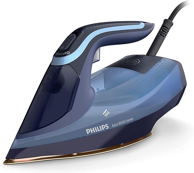 Philips Żelazko Parowe Azur z Serii 8000-55 g/min Ciągłej Pary, 240 g Steam Boost, 3000 W, Technologia OptimalTEMP, SteamGlide Elite, Light Blue (DST8020/20)