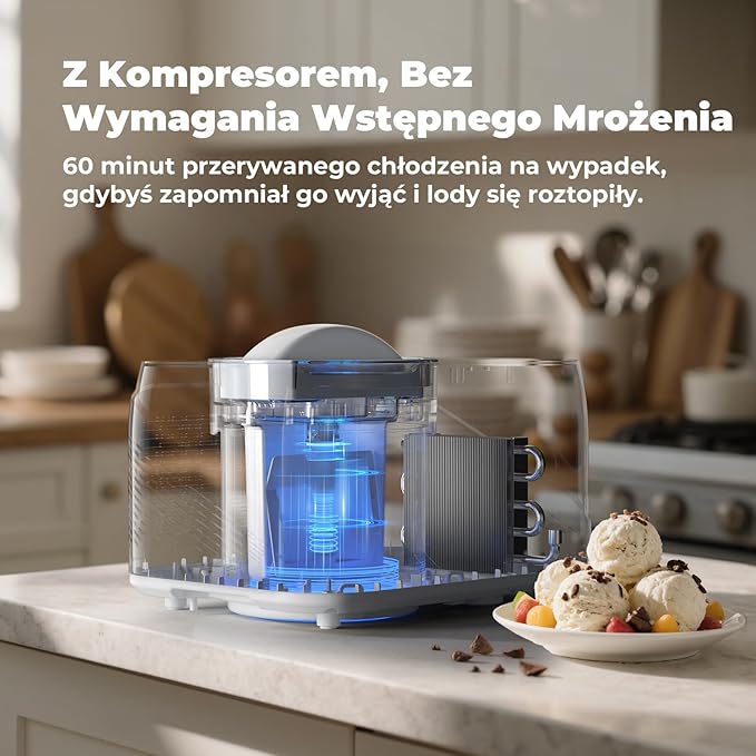 maszynka do lodów z kompresorem 1L, maszynka do lodów z samochłodzącym kompresorem z wyjmowanym pojemnikiem na lód, w zestawie łyżka/kubek z miarką z skalą - Image 4
